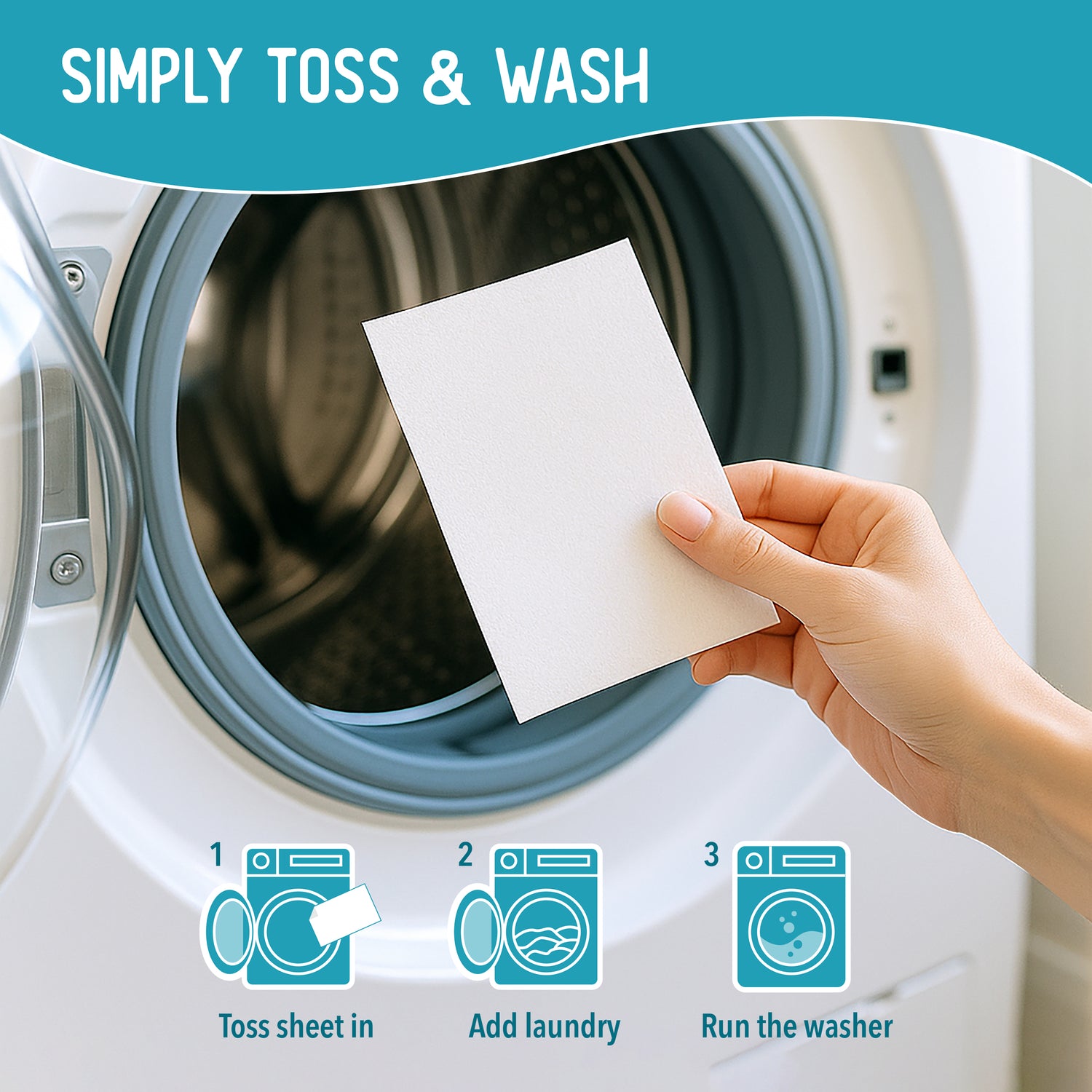 Hand holding a detergent sheet with washing machine in background and text 'Simply Toss & Wash' for Reef Sheets