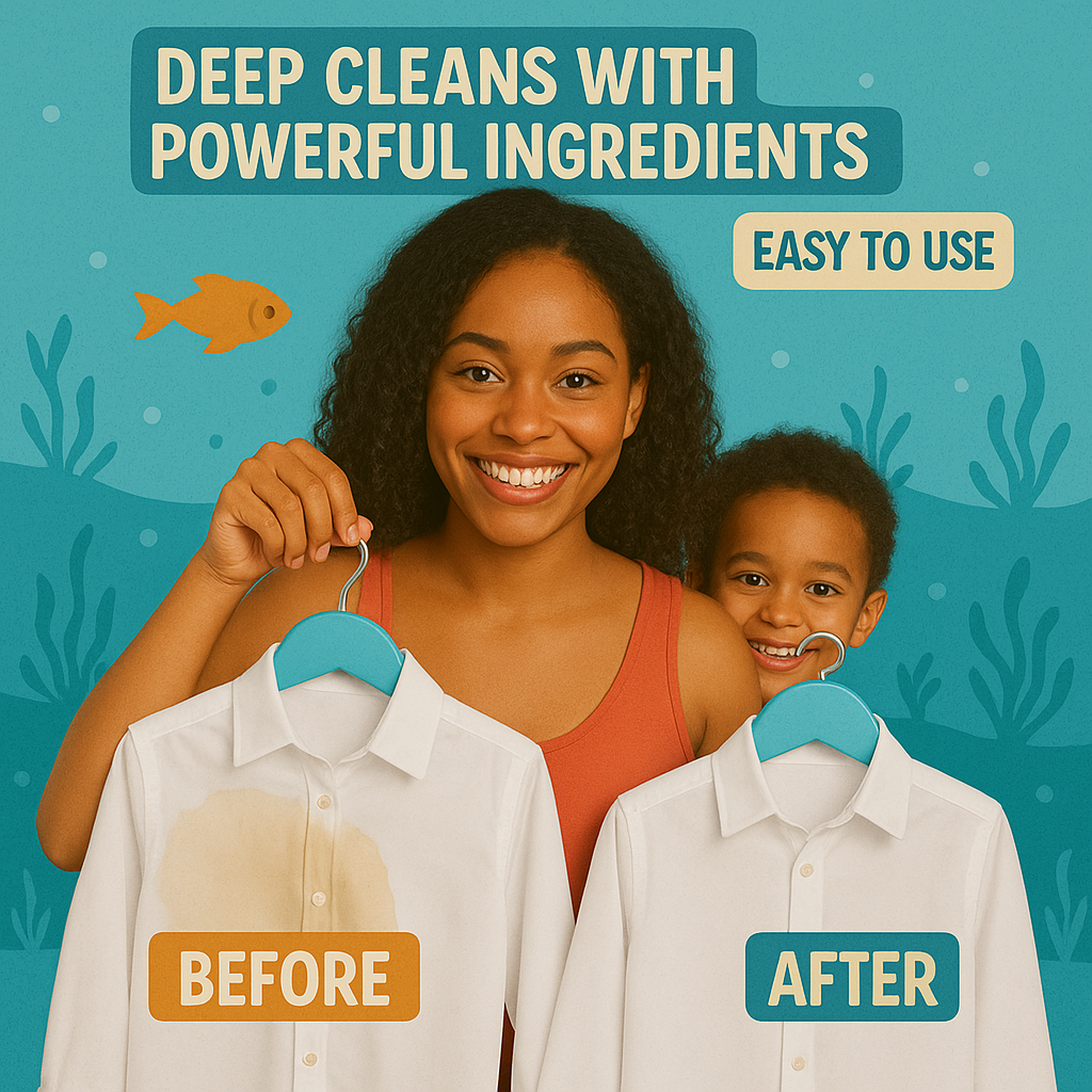 Woman and child holding cleaned shirts with text 'Deep cleans with powerful ingredients' and 'Easy to use' for Reef Sheets